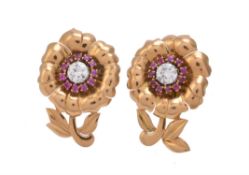 A pair of French 1940s Retro ruby and diamond flower ear clips