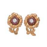 A pair of French 1940s Retro ruby and diamond flower ear clips