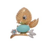 A turquoise, diamond and sapphire novelty chick brooch