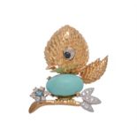 A turquoise, diamond and sapphire novelty chick brooch