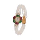 De Laneau, a lady's 18 carat gold, emerald, ruby and cultured pearl bracelet watch