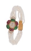 De Laneau, a lady's 18 carat gold, emerald, ruby and cultured pearl bracelet watch