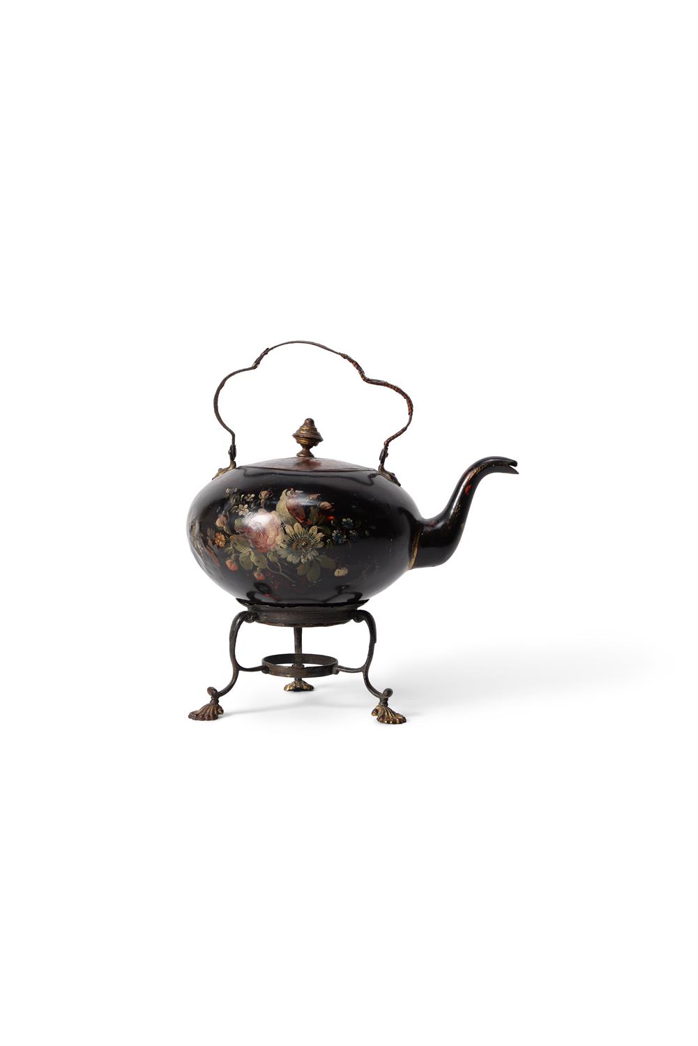 A Regency toleware kettle and stand