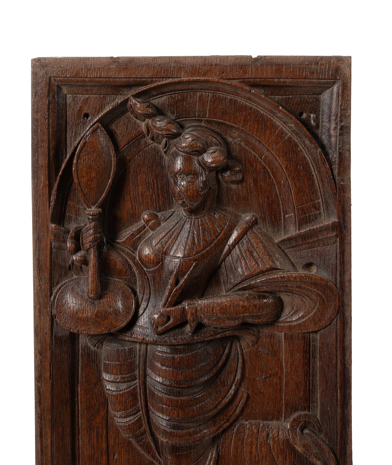 A pair of Flemish sculpted oak allegorical panels - Image 3 of 3