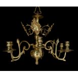 A Dutch or English brass six-light chandelier