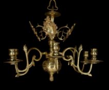 A Dutch or English brass six-light chandelier