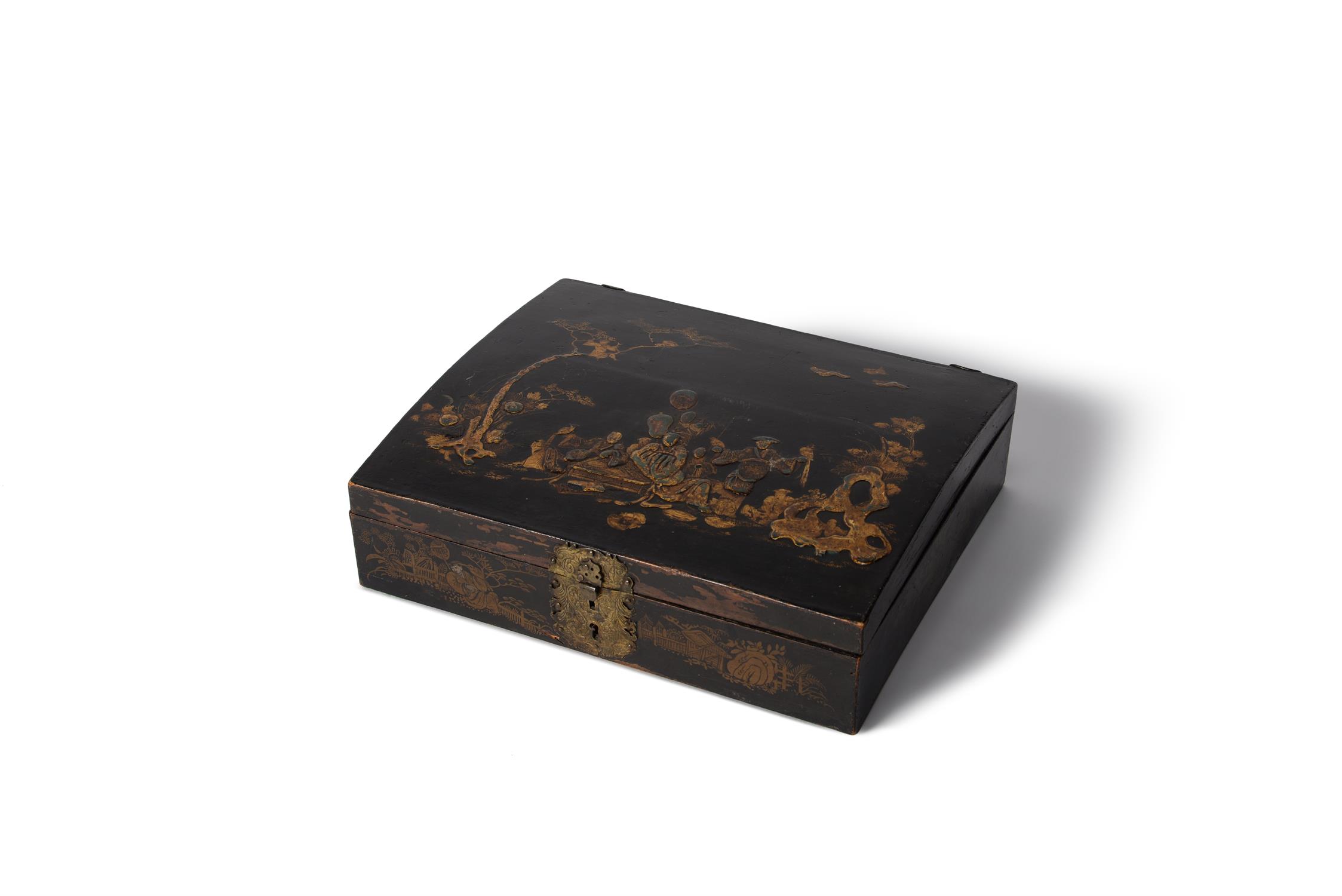 A Queen Anne black lacquered and gilt Chinoiserie writing box