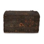 A brass studded and leather bound trunk or coffer