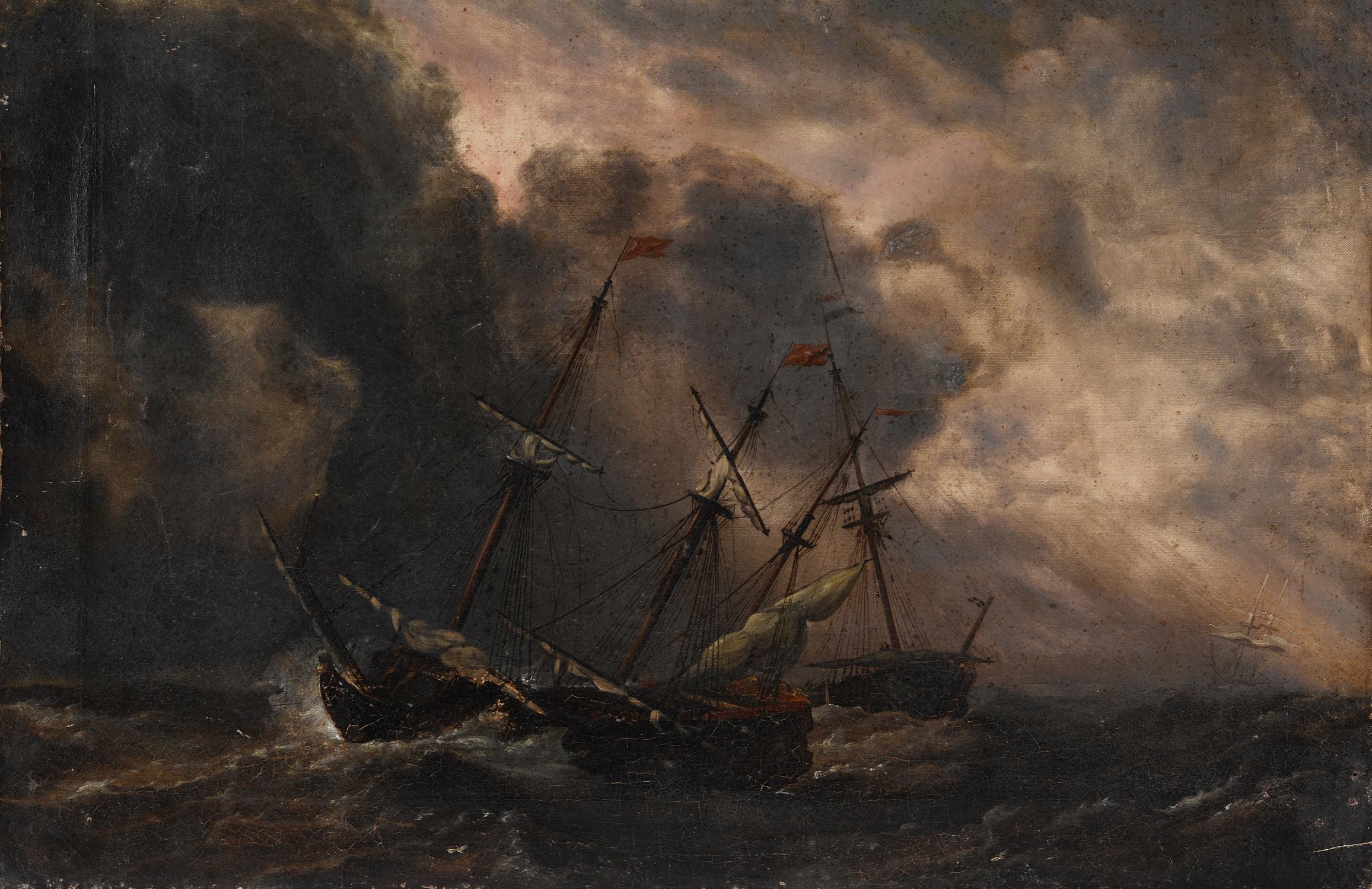 Follower of Ludolf Backhuysen, Dutch fleet of ships in stormy seas - Image 2 of 3