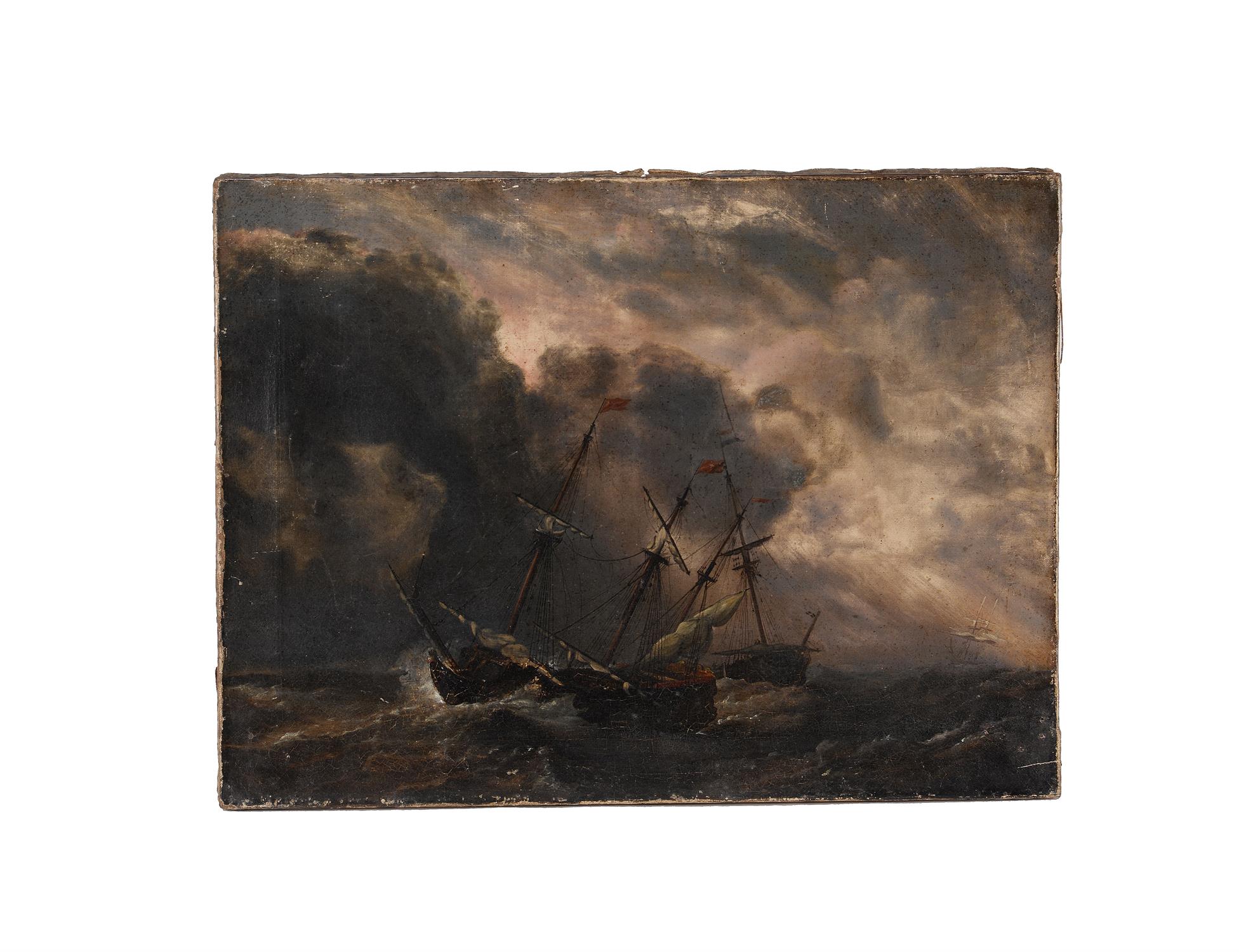 Follower of Ludolf Backhuysen, Dutch fleet of ships in stormy seas