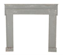 A grey painted wood fire surround