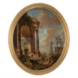 Manner of Giovanni Paolo Panini, Capriccio of classical ruins in a landscape with figures and an equ