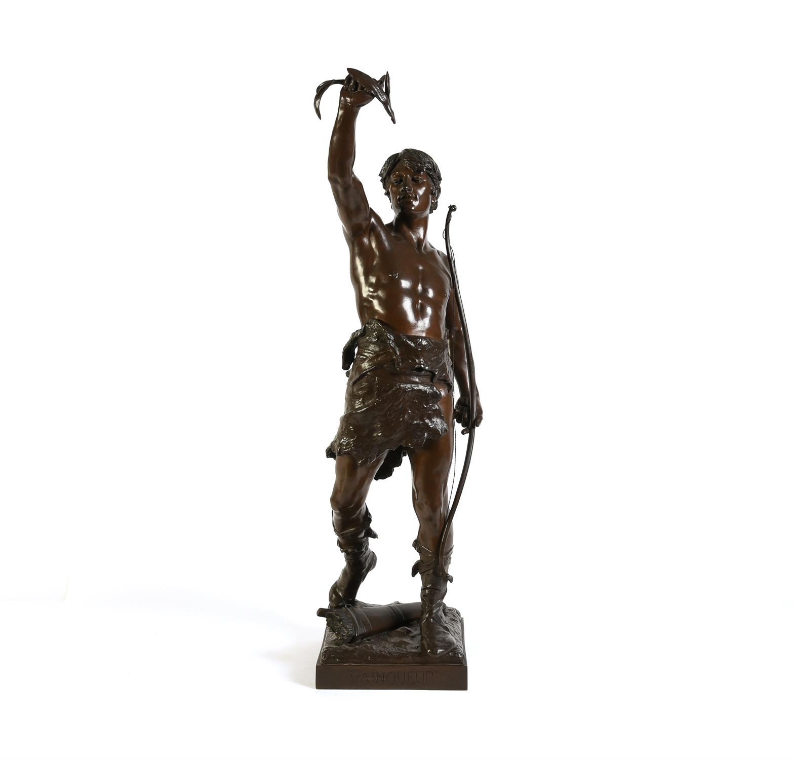 Eugene Marioton (French 1857-1893), a large patinated bronze model of a victorious youth - Image 2 of 5