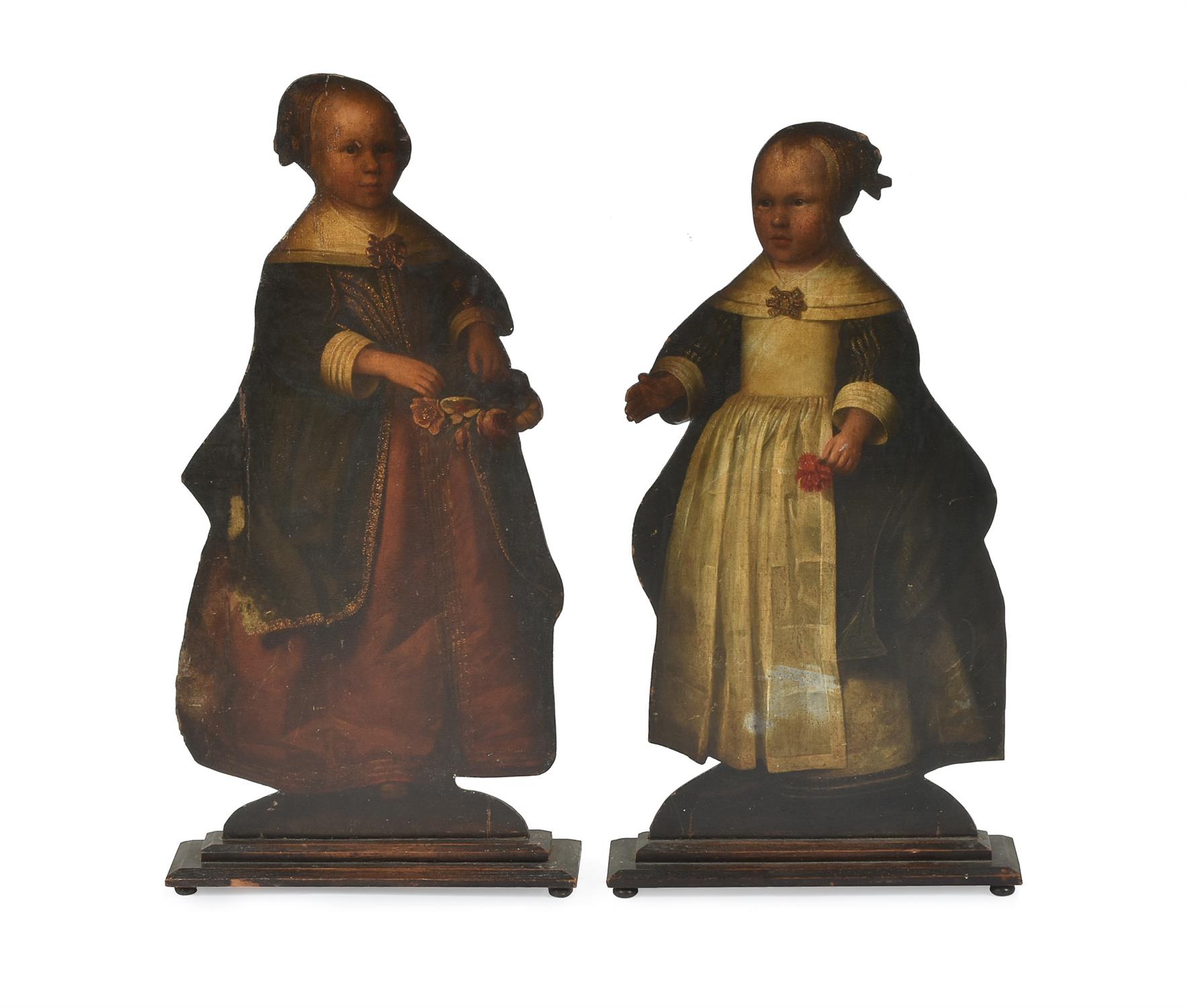 Two painted dummy boards, , the painted decoration 17th century, oak supports 19th century