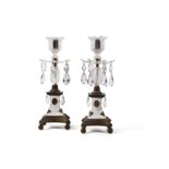 A pair of George III cut glass, ormolu and gilt porcelain mounted candlesticks