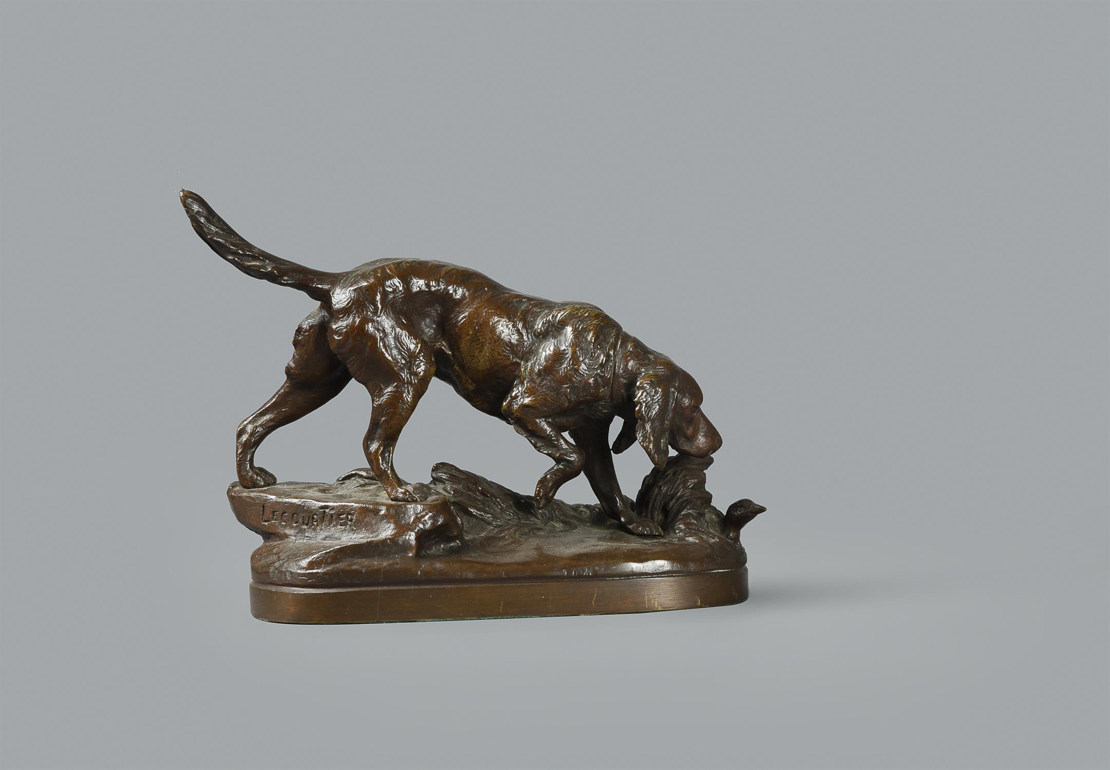 Prosper Lecourtier (French, 1855-1924), a patinated bronze model of a spaniel chasing a bird - Image 2 of 3