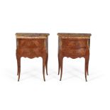 A pair of French tulip wood and oyster veneered bedside cabinets