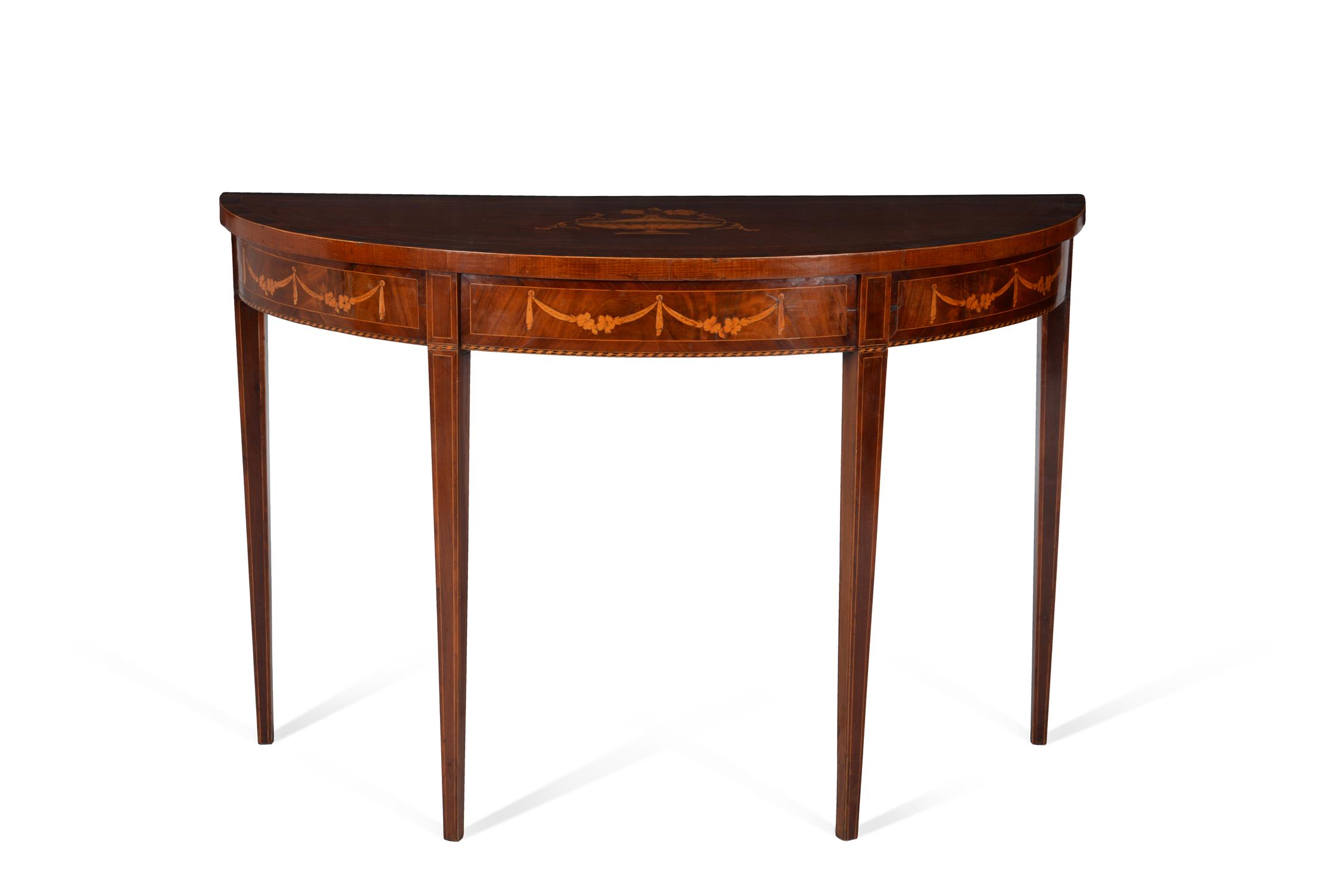 A George III mahogany, Goncalo Alves and marquetry bowfront pier table