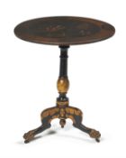 A Regency black lacquer and gilt chinoiserie decorated tripod occasional table