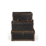 Three Chinese Export leather, studded and brass bound trunks