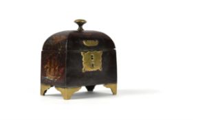 An early Victorian transfer decorated iron and brass mounted tobacco box