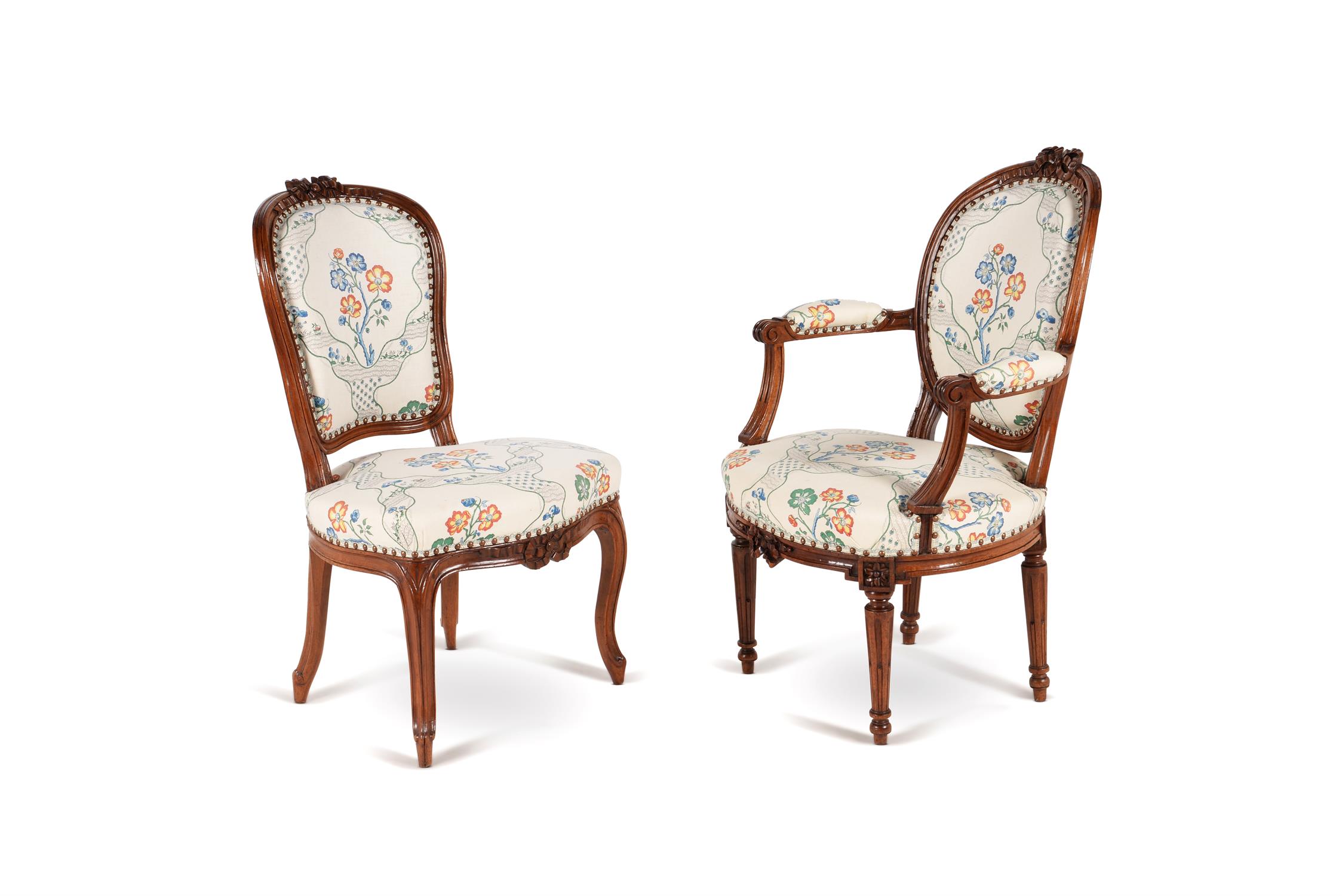 A set of eight Louis XV/Louis XVI transitional walnut and upholstered dining chairs - Image 2 of 8