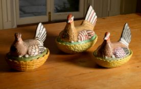 Three similar Staffordshire hen tureens and ozier-moulded bases