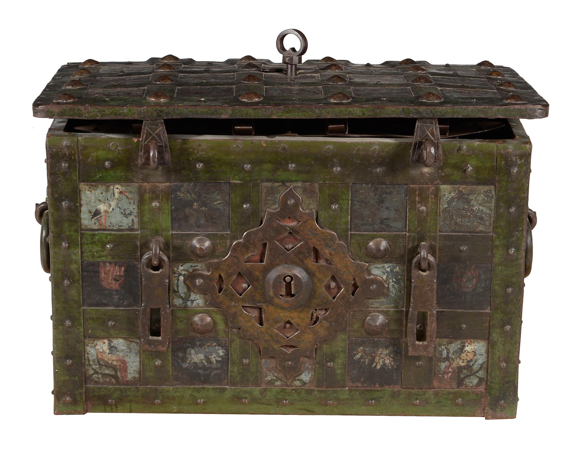 A rare painted iron Armada chest