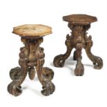 A pair of Continental walnut and parcel gilt quadrupartite low pedestals