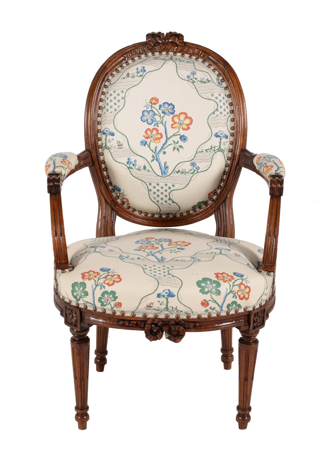 A set of eight Louis XV/Louis XVI transitional walnut and upholstered dining chairs - Image 3 of 8