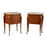 A pair of burr walnut, mahogany and gilt metal mounted petit commodes or bedside chests