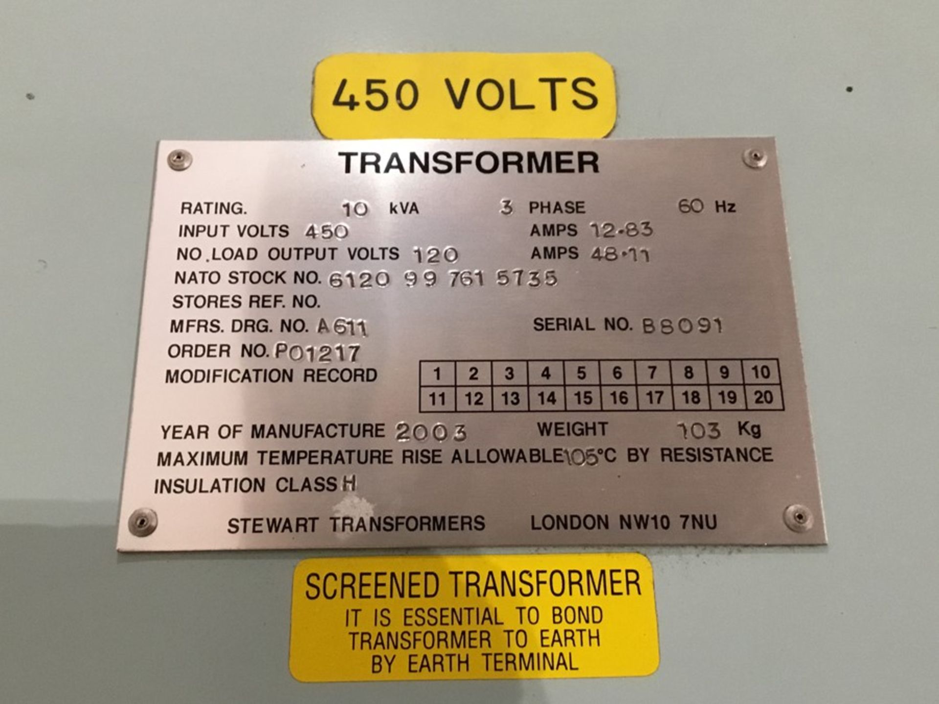 Pallet contain qty 2 10Kva Transformer: R Baker , 10Kva, 3Phase, 50/60Hz, Input 450Volts, 13Amps, - Image 7 of 21