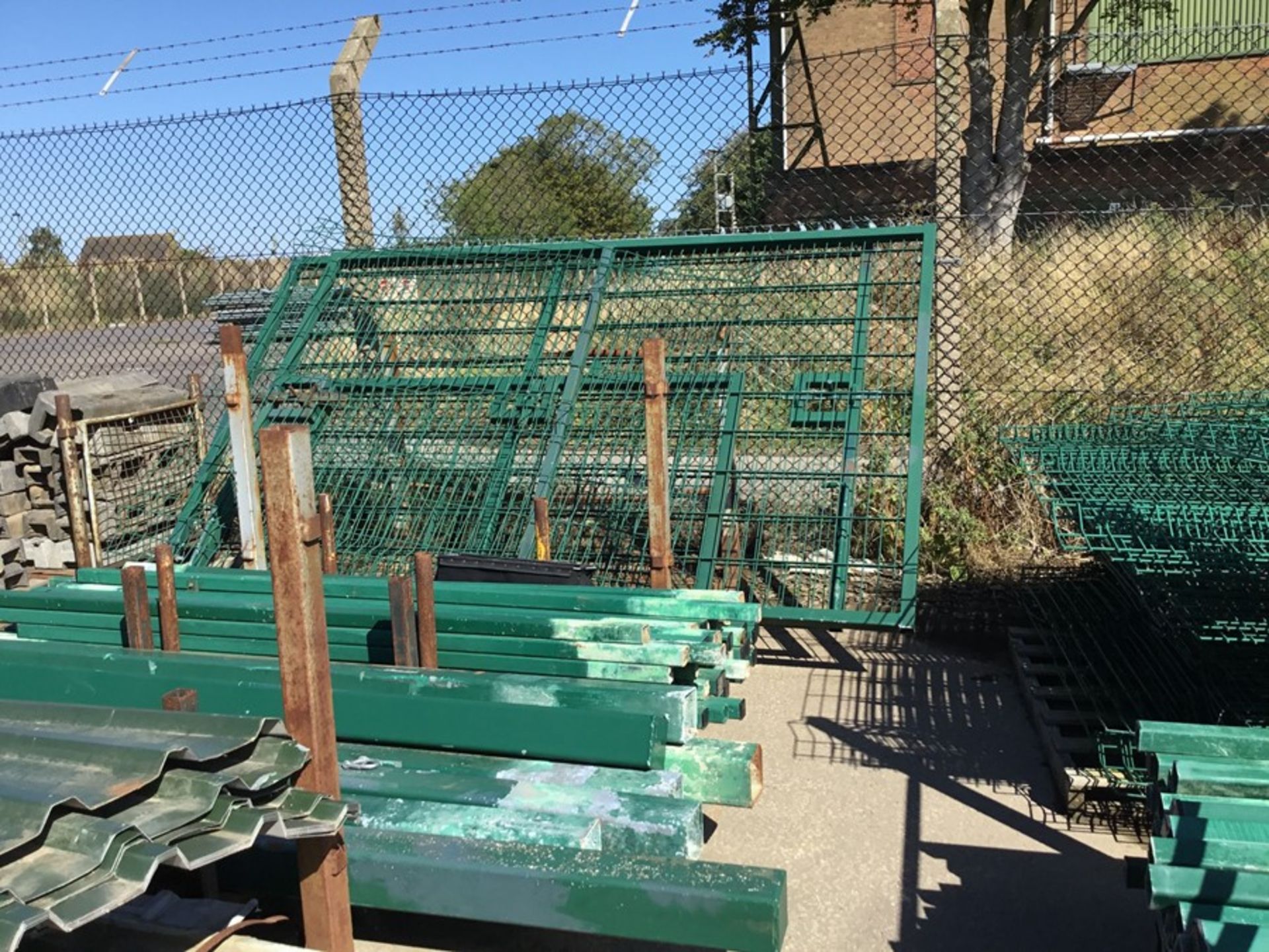 Large quantity of green paladin fence panels, posts and gates