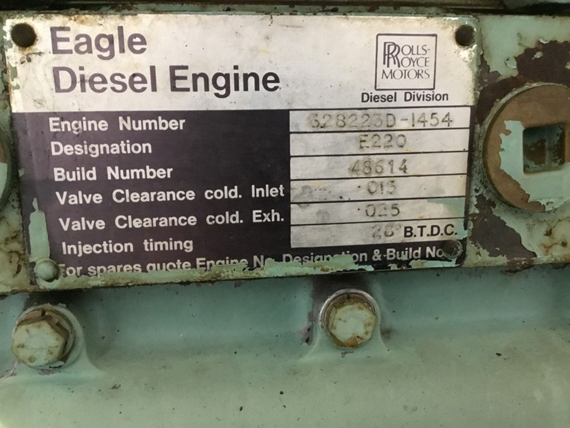 Rolls Royce E220 Diesel engine: Rolls Royce E220 6cyl serial number 628223D-1454/48614 Build - Image 5 of 18