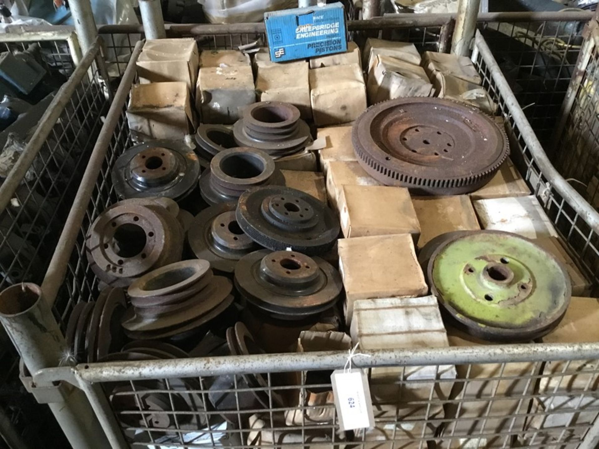 Cage containing misc. pullies, gaskets flywheel, Austin pistons etc - Image 8 of 9