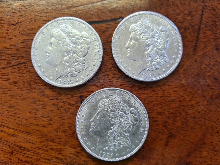 3 x silver Morgan Dollar coins, 2 x 1921 and 1 x 1883. - Image 3 of 3