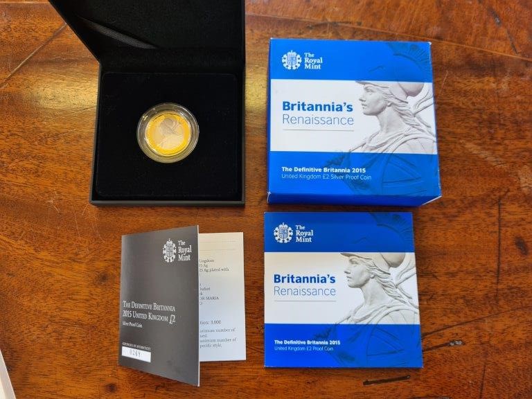 Royal Mint UK silver proof gold plated Britannia's Renaissance £2 coin in presentation case with