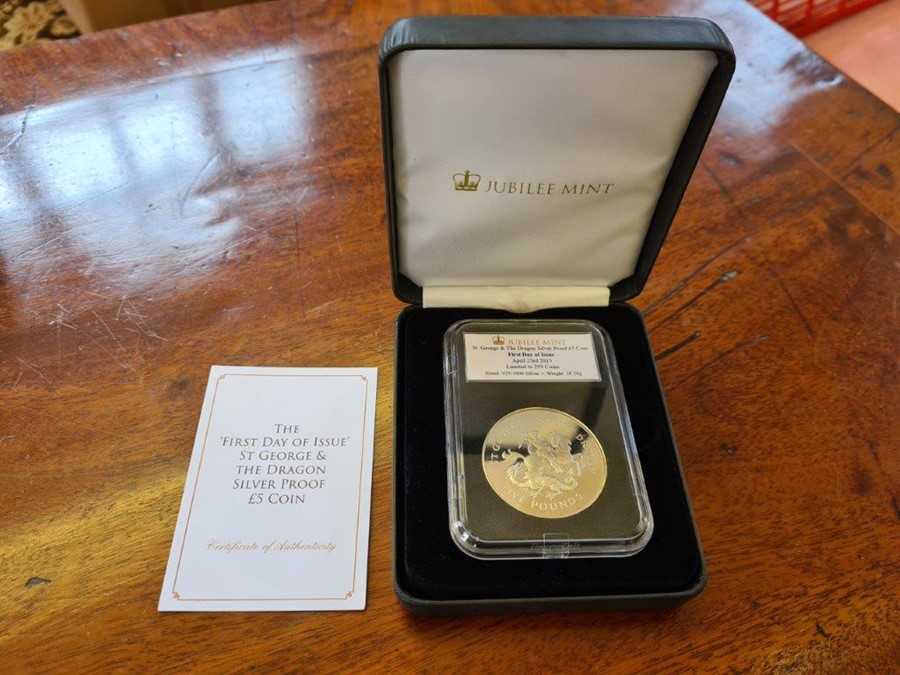 Jubilee Mint St. George and the Dragon silver proof £5 coin First Day Issue, 23rd April 2015 limited