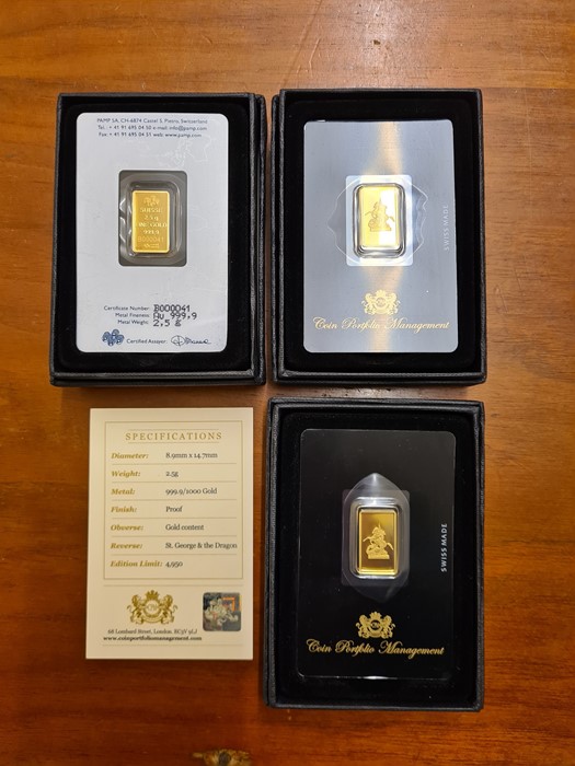 3 x 2.5 gram, .999 proof gold limited edition St. George & the Dragon gold ingots.