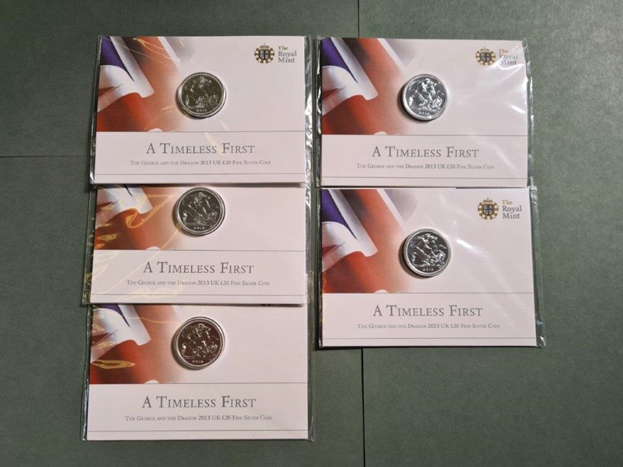 2013 Royal Mint "A Timeless First" £20 (twenty pound) fine silver coin, George and the Dragon x 5,