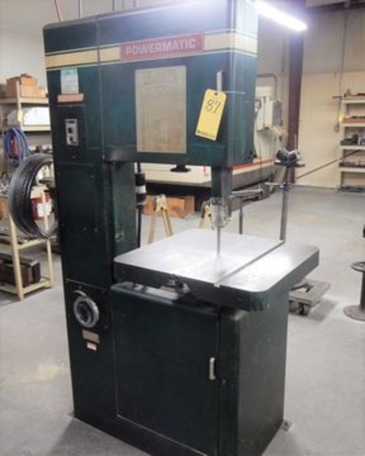 POWERMATIC, VERT. BANDSAW, M# 87, S/N 587444, 20" THROAT, 10" CAP.