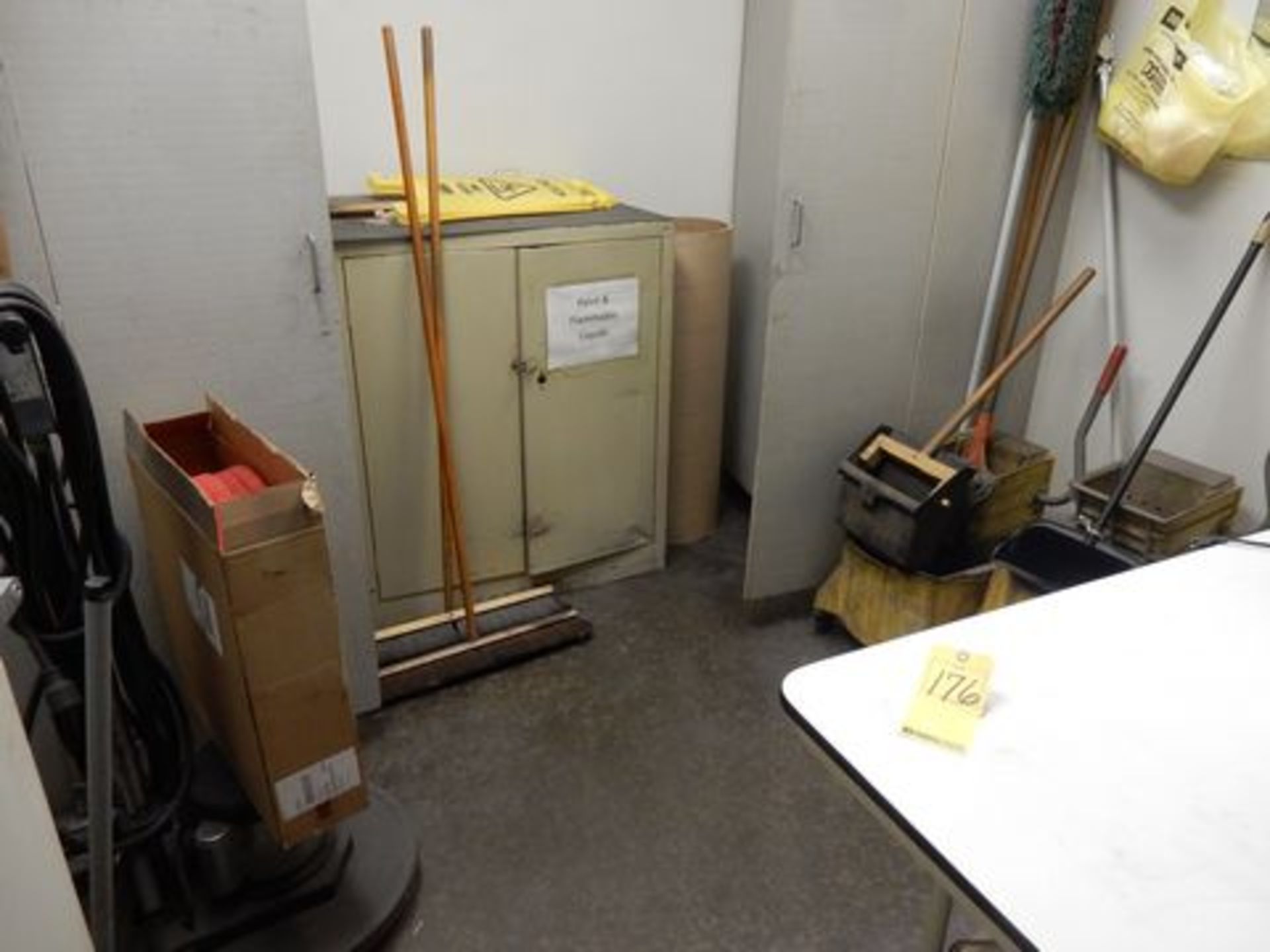 LOT CONTENTS OF OFFICE TO INCLUDE (2) WOOD CABINETS, METAL CABINET, IDS FLOOR BUFFER, MOPS & BUCKETS