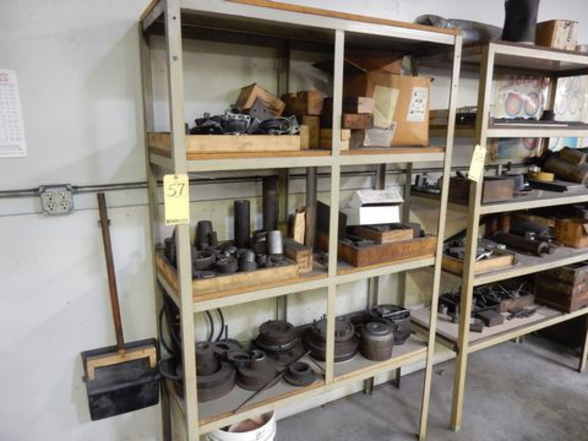 LOT SHELF W/CONTENTS TO INCLUDE CASTERS, MISC. STEEL FIXTURES