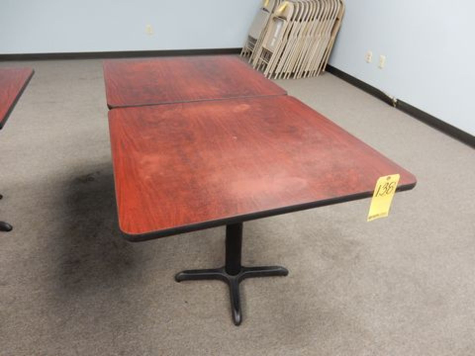 LOT (2) SINGLE PEDESTAL WOOD TOP TABLES, 36" X 36" X 29.5"