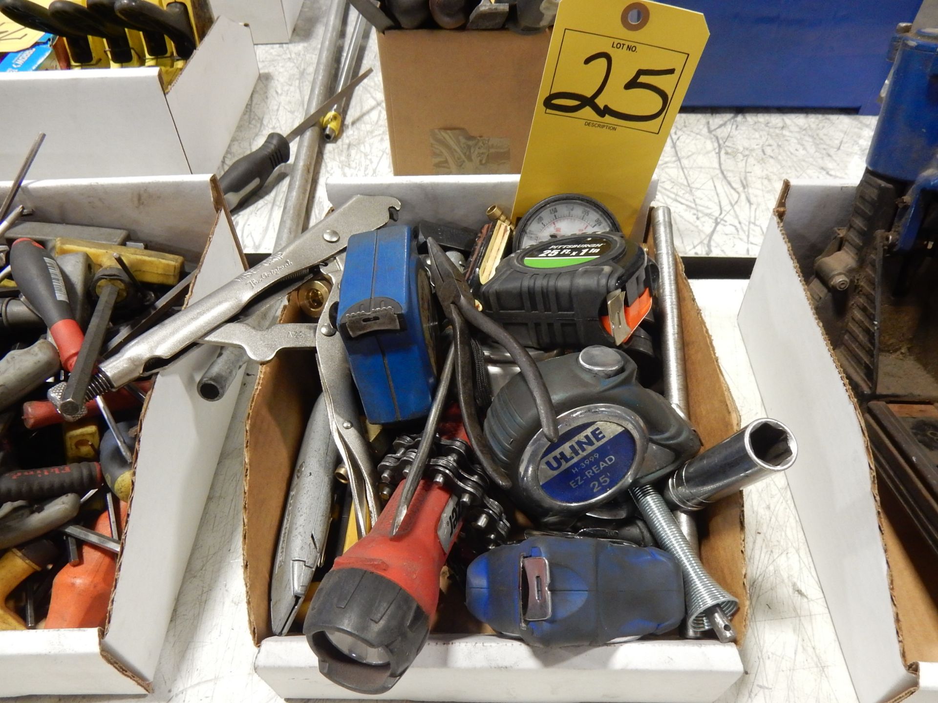 LOT MISC. HAND TOOLS - TAPE MEASURES, FLASH LIGHTS, PLIERS, VISE GRIPS