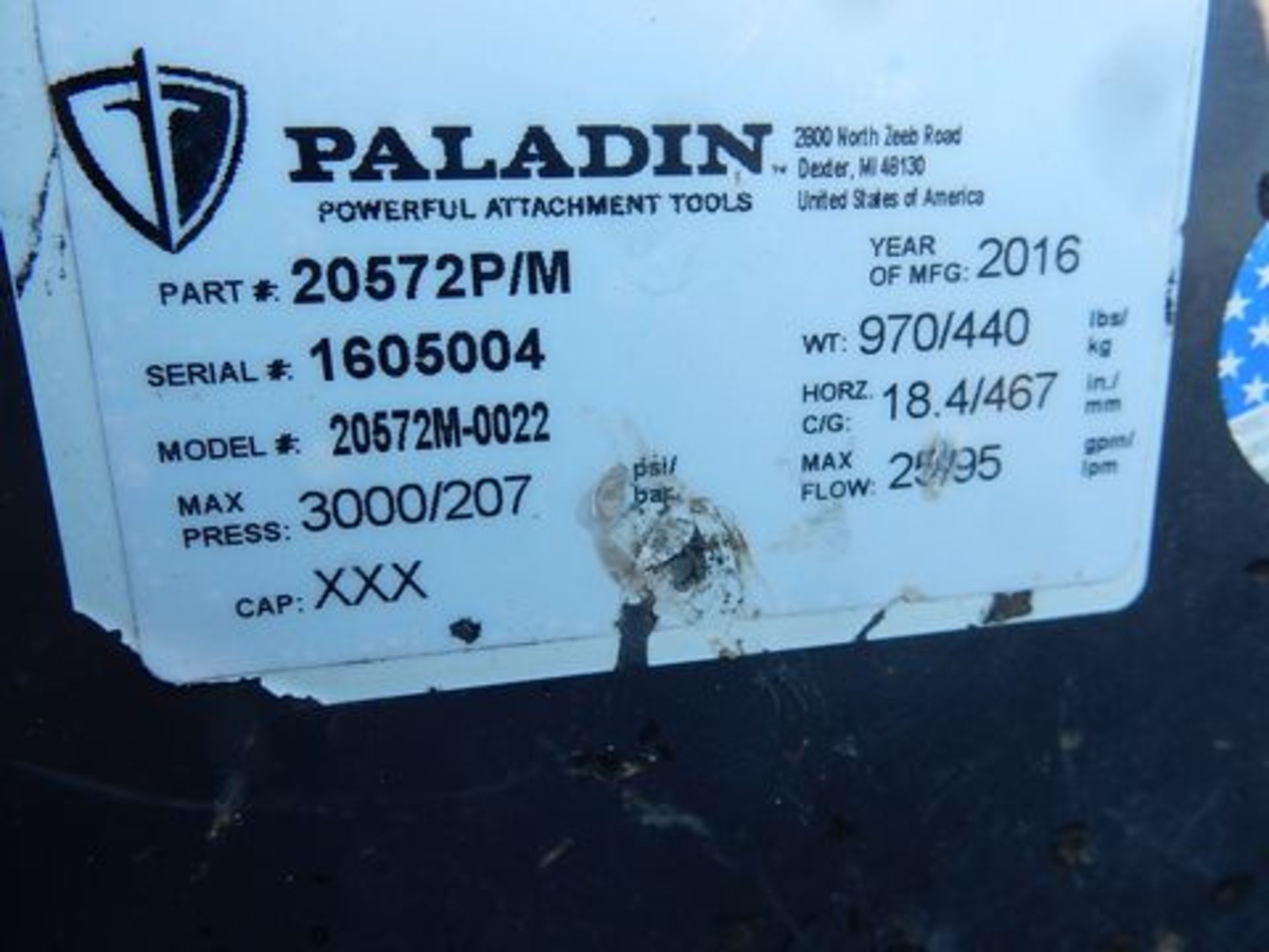 2016 PALADIN SKID STEER SWEEPER ATTACH., M# 20572M-0022, S/N 1605004 - Image 3 of 3