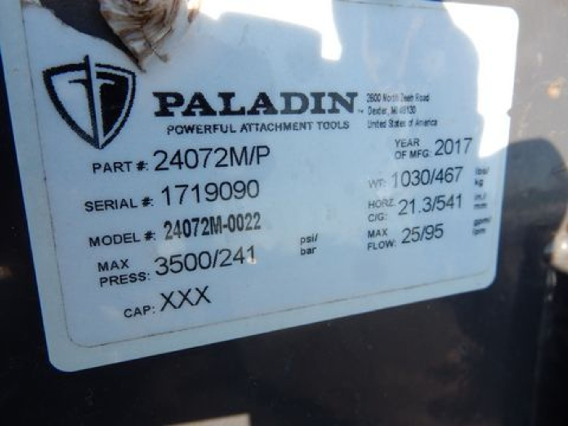 2017 PALADIN SKID STEER SWEEPER ATTACH., M# 24072M-0022, S/N 1719090 - Image 2 of 2