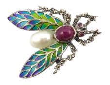 Silver ruby, marcasite, pearl and plique-a-jour insect brooch,