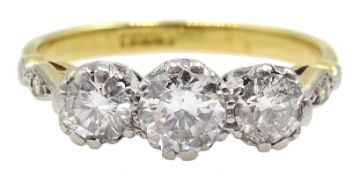 Gold three stone old cut diamond ring, central diamond approx 0.