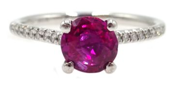 Platinum round pink sapphire ring, with diamond shoulders, hallmarked, sapphire approx 1.